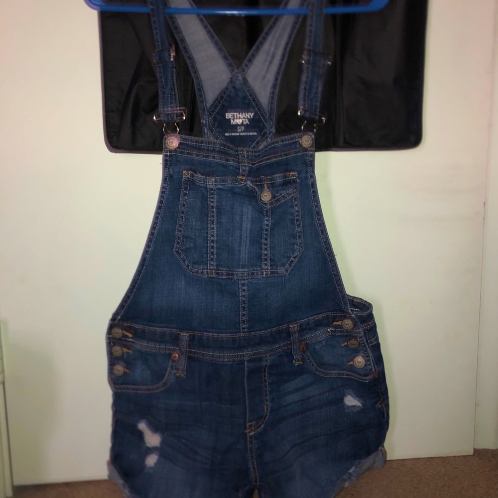 Bethany Mota Women’s Denim Ripped Overall Shorts